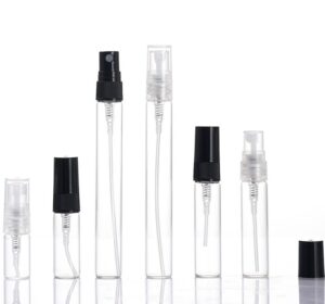 Refillable borosilicate glass spray vials with screw neck and black/clear mist pumps, 1ml to 10ml