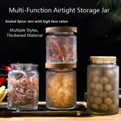 RX031 Embossed Decorative Glass Storage Jar with Wood and Bamboo Lids