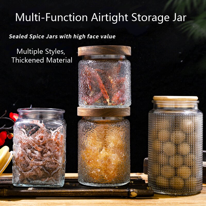 RX031 Embossed Decorative Glass Storage Jar with Wood and Bamboo Lids