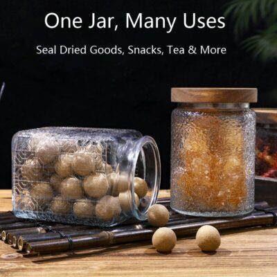 RX031 Embossed Decorative Glass Storage Jar with Wood and Bamboo Lids
