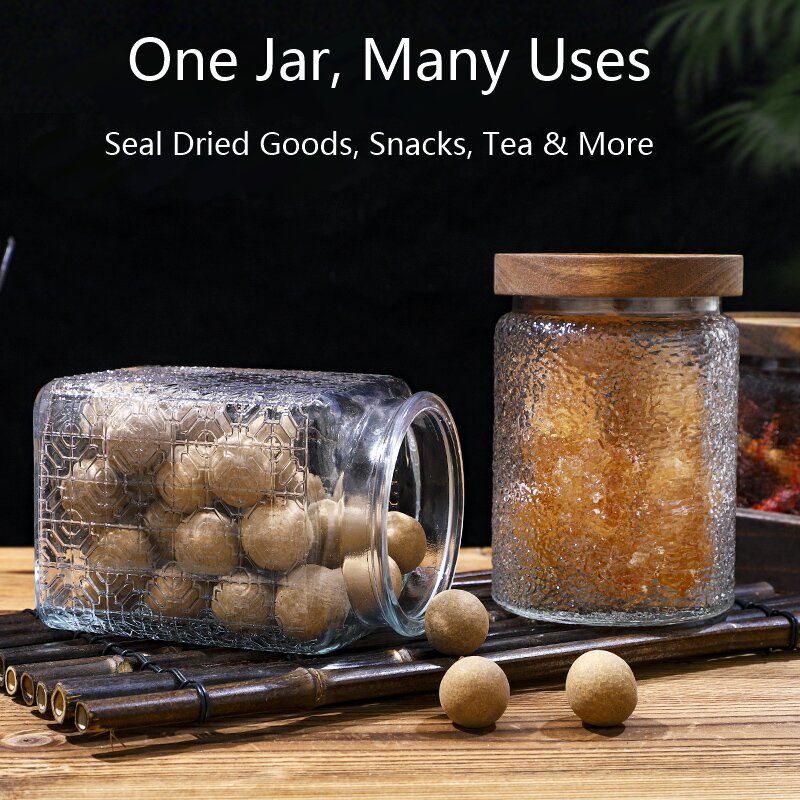 RX031 Embossed Decorative Glass Storage Jar with Wood and Bamboo Lids