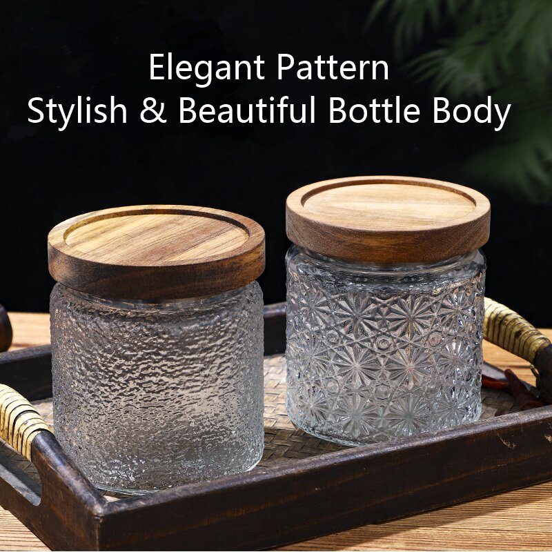 RX031 Embossed Decorative Glass Storage Jar with Wood and Bamboo Lids