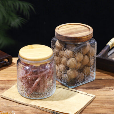 RX031 Embossed Decorative Glass Storage Jar with Wood and Bamboo Lids