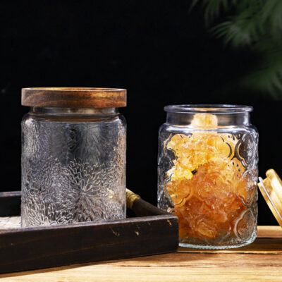 RX031 Embossed Decorative Glass Storage Jar with Wood and Bamboo Lids