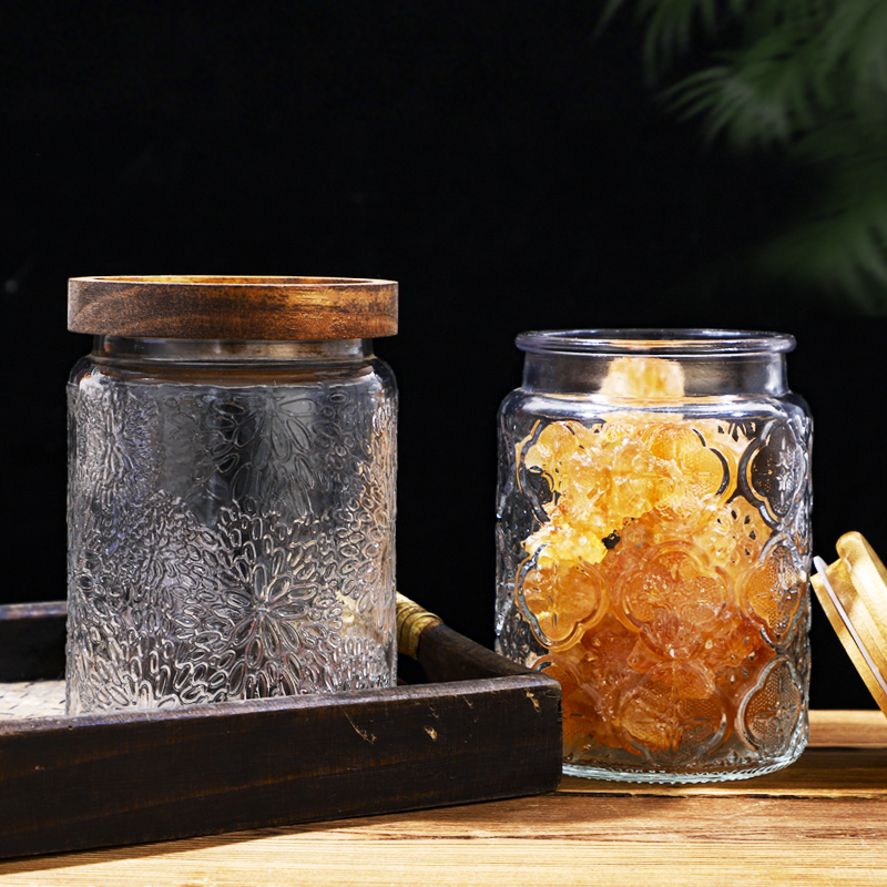 RX031 Embossed Decorative Glass Storage Jar with Wood and Bamboo Lids