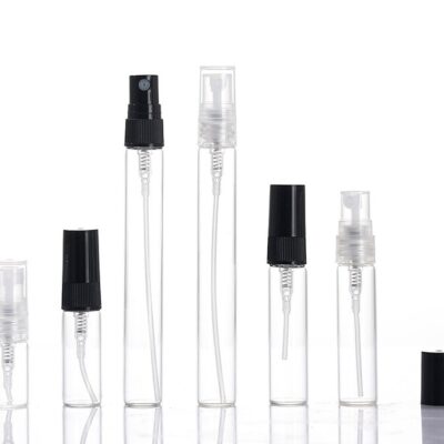 Refillable borosilicate glass spray vials with screw neck and black/clear mist pumps, 1ml to 10ml