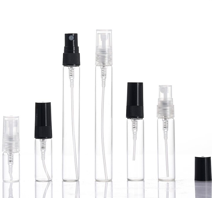 Refillable borosilicate glass spray vials with screw neck and black/clear mist pumps, 1ml to 10ml
