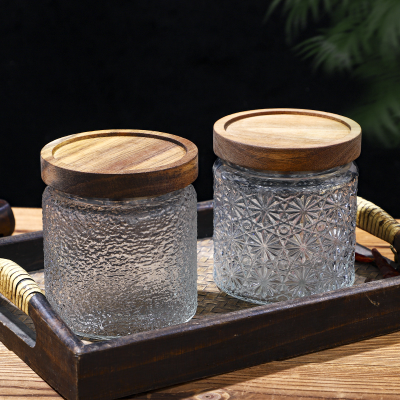 RX031 Embossed Decorative Glass Storage Jar with Wood and Bamboo Lids