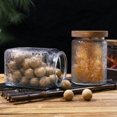 RX031 Embossed Decorative Glass Storage Jar with Wood and Bamboo Lids