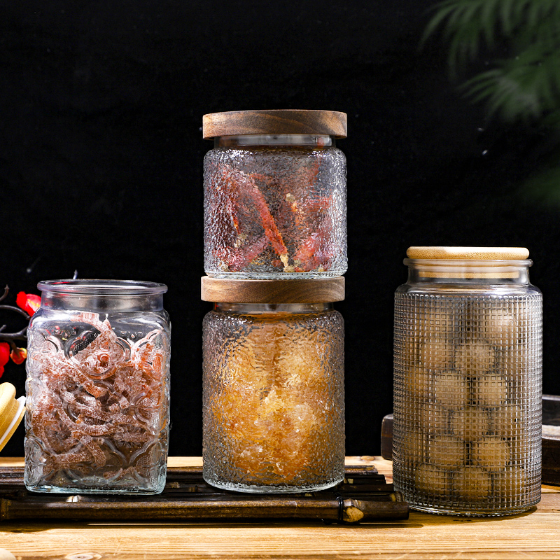 RX031 Embossed Decorative Glass Storage Jar with Wood and Bamboo Lids