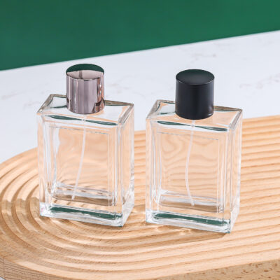 RX014-HYD1255 100ml clear rectangular glass perfume bottle with matte black cap and silver sprayer