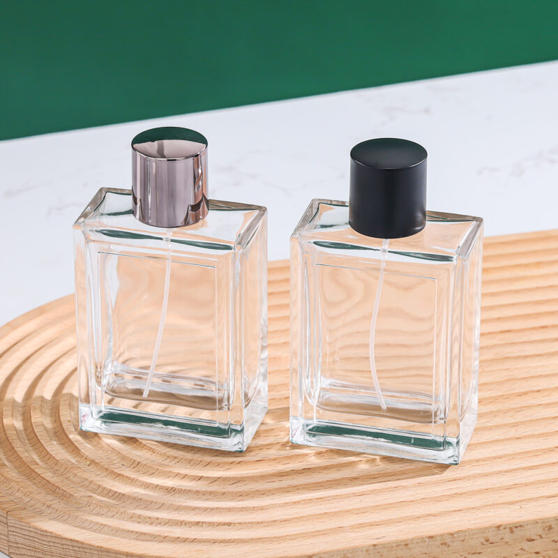 RX014-HYD1255 100ml clear rectangular glass perfume bottle with matte black cap and silver sprayer