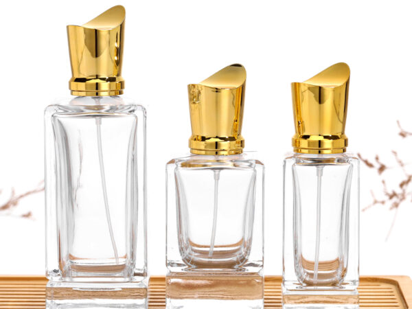 RX023 tangent cut square glass perfume bottles with gold electroplated caps and fine mist sprayers