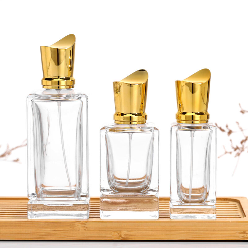 RX023 tangent cut square glass perfume bottles with gold electroplated caps and fine mist sprayers