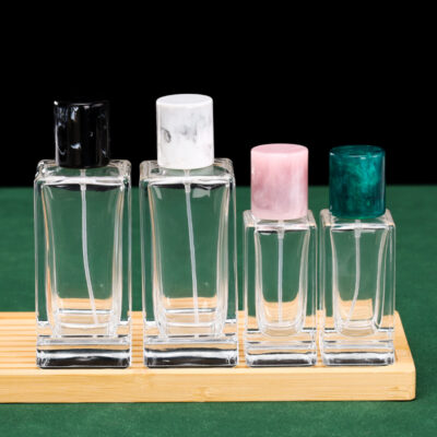 RX024-HYD136 clear square glass perfume bottle with marble texture caps and gold silver sprayers