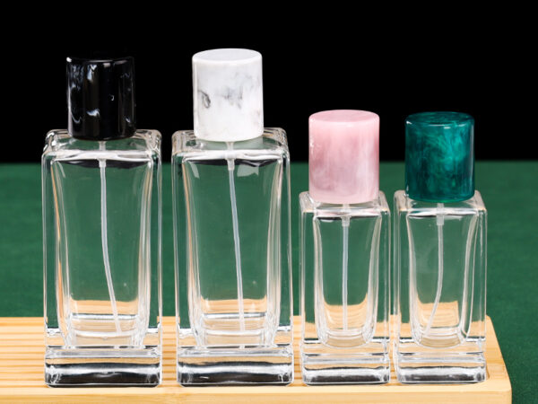 RX024-HYD136 clear square glass perfume bottle with marble texture caps and gold silver sprayers