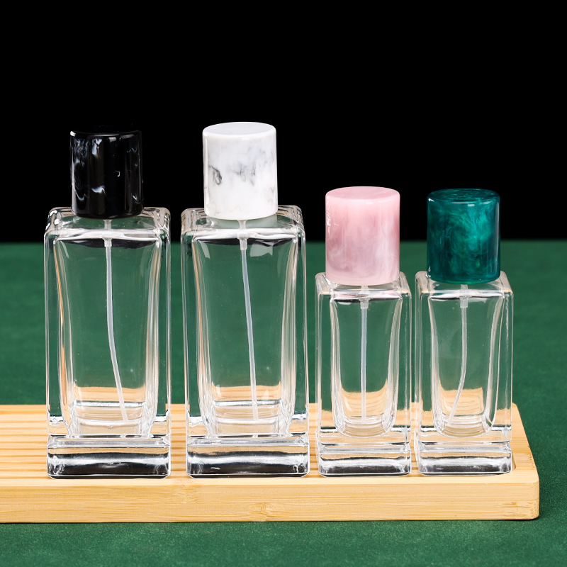 RX024-HYD136 clear square glass perfume bottle with marble texture caps and gold silver sprayers