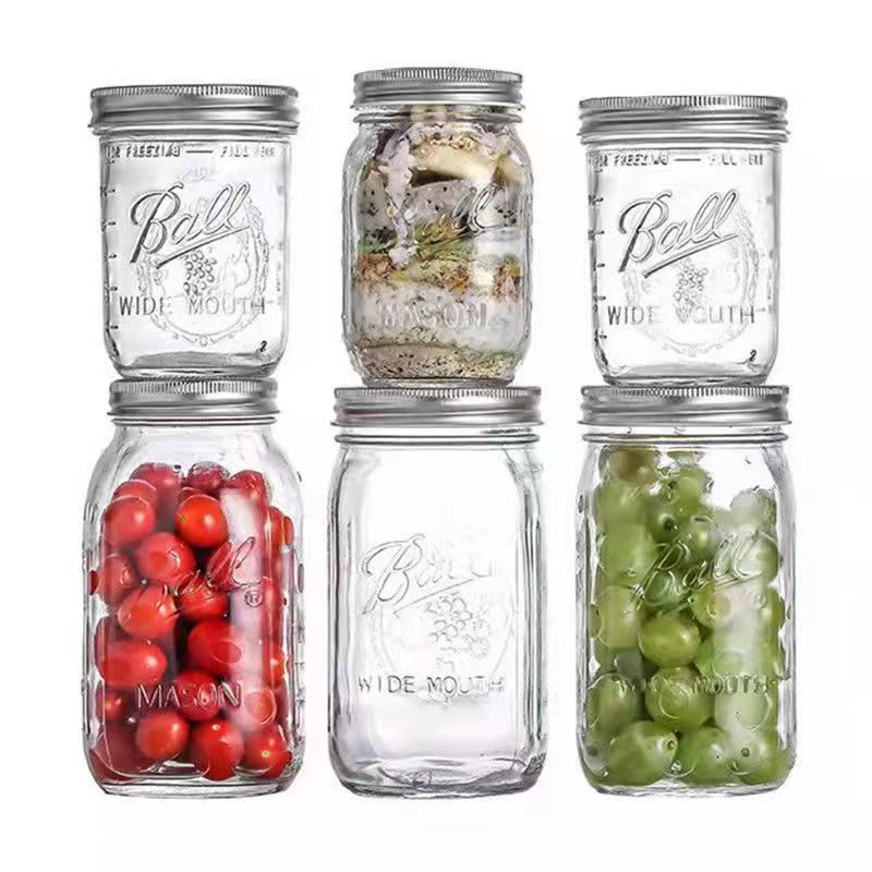 RX025 clear glass mason jars with two-piece airtight screw lids in various sizes from 119ml to 1000ml
