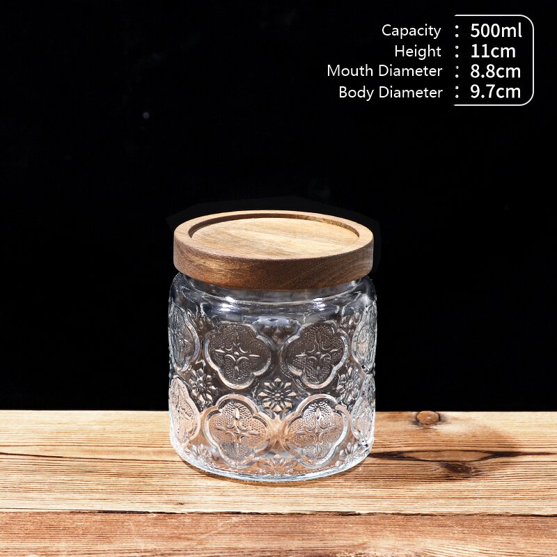 RX031 Embossed Decorative Glass Storage Jar with Wood and Bamboo Lids