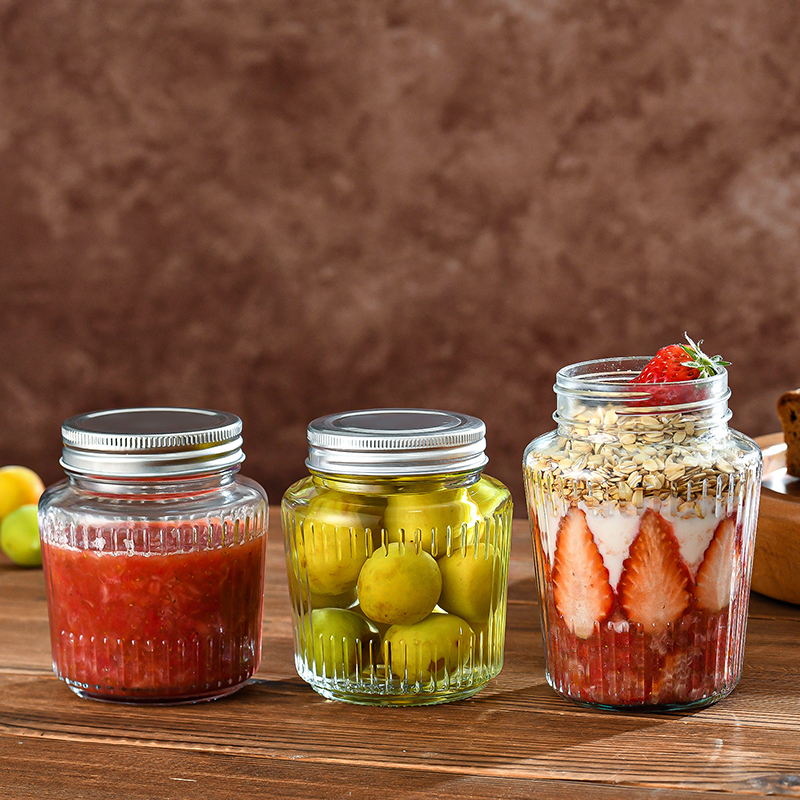 RX030 Thickened Fluted Glass Storage Jar with Airtight Metal Lid