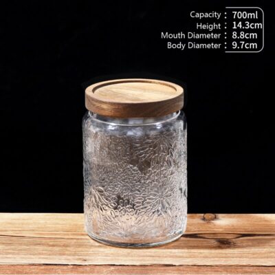 RX031 Embossed Decorative Glass Storage Jar with Wood and Bamboo Lids