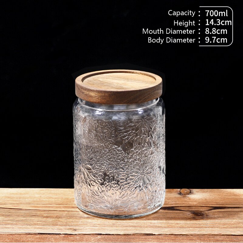 RX031 Embossed Decorative Glass Storage Jar with Wood and Bamboo Lids