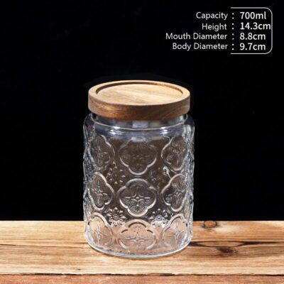 RX031 Embossed Decorative Glass Storage Jar with Wood and Bamboo Lids
