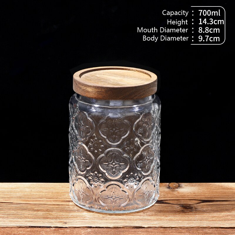 RX031 Embossed Decorative Glass Storage Jar with Wood and Bamboo Lids