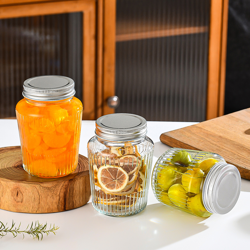 RX030 Thickened Fluted Glass Storage Jar with Airtight Metal Lid