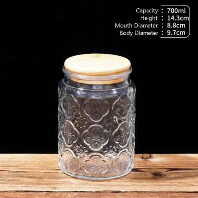 RX031 Embossed Decorative Glass Storage Jar with Wood and Bamboo Lids