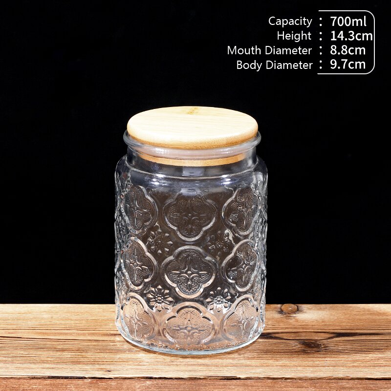 RX031 Embossed Decorative Glass Storage Jar with Wood and Bamboo Lids