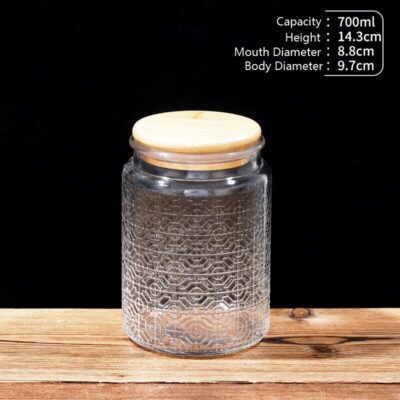 RX031 Embossed Decorative Glass Storage Jar with Wood and Bamboo Lids