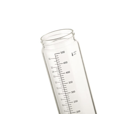 Graduated borosilicate glass storage vials with stainless steel screw caps, 75ml to 500ml