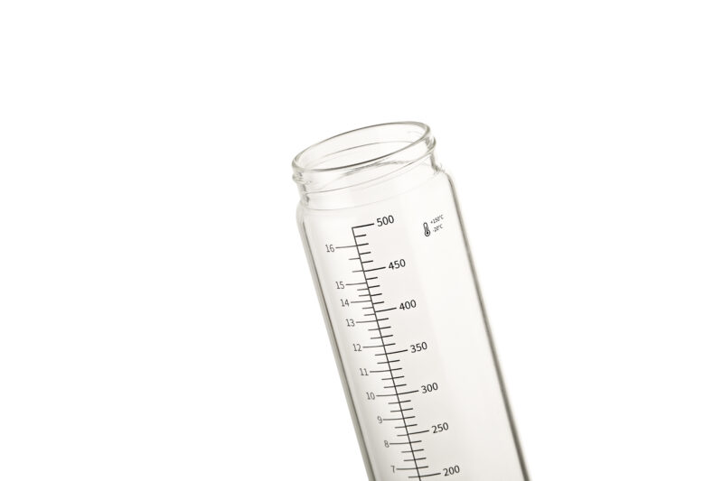 Graduated borosilicate glass storage vials with stainless steel screw caps, 75ml to 500ml