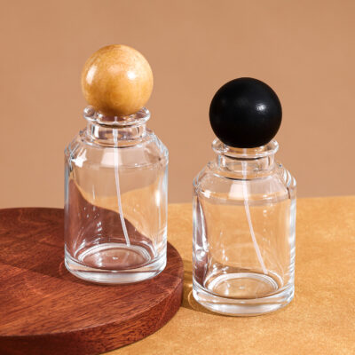 RX019-XB225 100ml Round Glass Perfume Bottle with Natural Wooden Ball Cap
