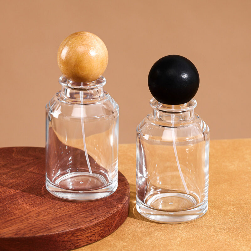 RX019-XB225 100ml Round Glass Perfume Bottle with Natural Wooden Ball Cap