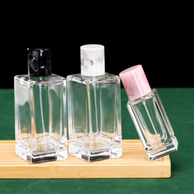 RX024-HYD136 clear square glass perfume bottle with marble texture caps and gold silver sprayers