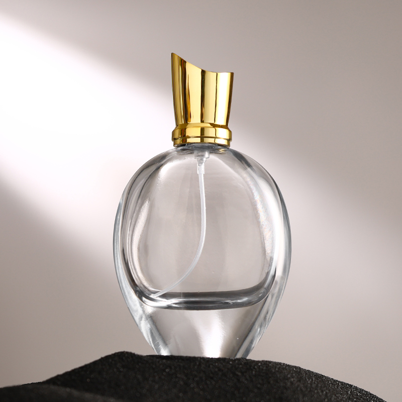 RX011,75ml Elegant Oval Glass Perfume Bottle - Crimp Neck with Acrylic & Electroplated Caps