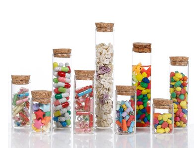 Clear borosilicate glass vials with straight mouth and natural cork stoppers, 10ml to 110ml