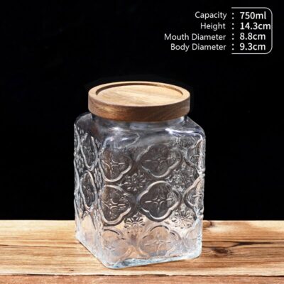RX031 Embossed Decorative Glass Storage Jar with Wood and Bamboo Lids