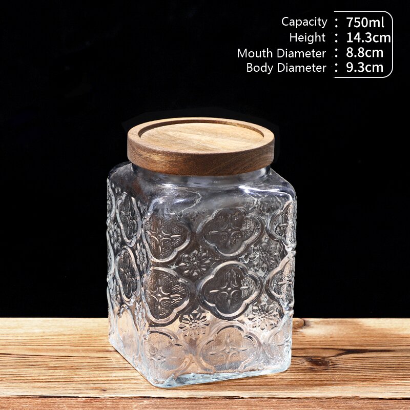 RX031 Embossed Decorative Glass Storage Jar with Wood and Bamboo Lids