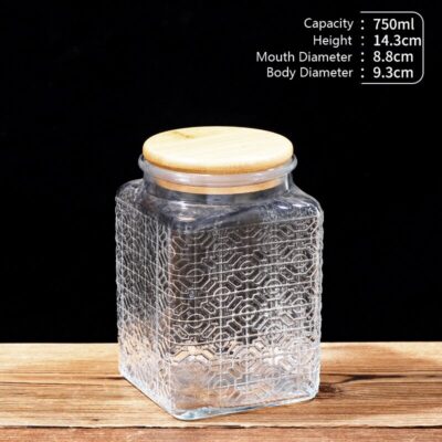 RX031 Embossed Decorative Glass Storage Jar with Wood and Bamboo Lids