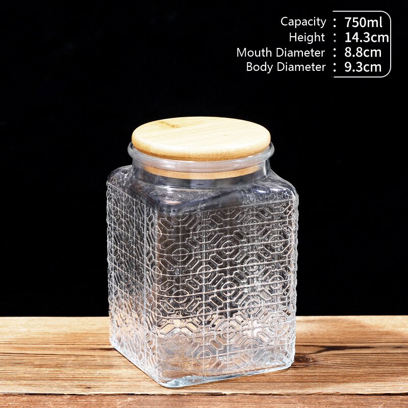 RX031 Embossed Decorative Glass Storage Jar with Wood and Bamboo Lids