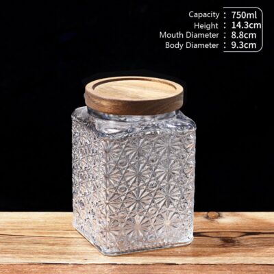 RX031 Embossed Decorative Glass Storage Jar with Wood and Bamboo Lids