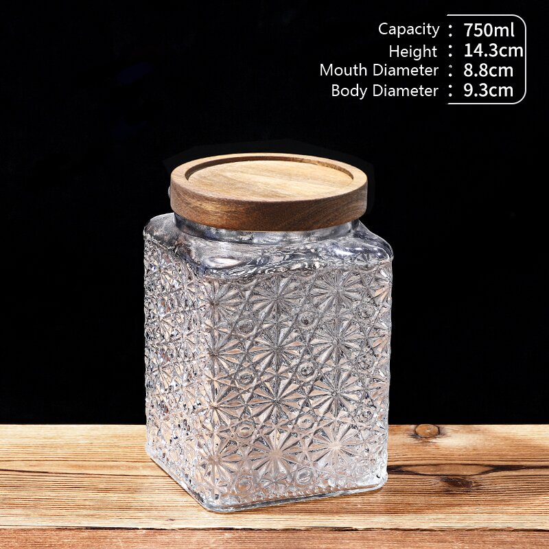 RX031 Embossed Decorative Glass Storage Jar with Wood and Bamboo Lids