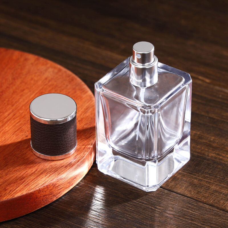 RX015-XB155Luxury Square Glass Perfume Bottle with Embossed Leather Cap - 30ml/50ml/100ml Series