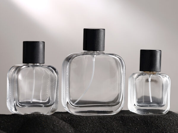 RX021-HYD279 transparent square perfume bottle with crocodile skin texture sides and black croc leather caps