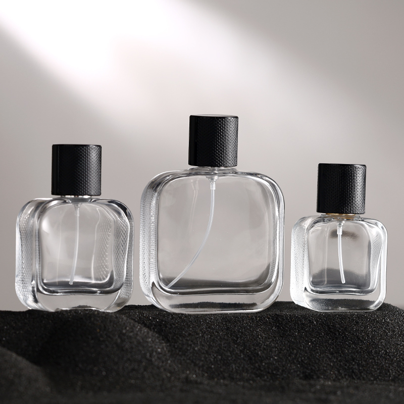 RX021-HYD279 transparent square perfume bottle with crocodile skin texture sides and black croc leather caps