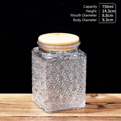 RX031 Embossed Decorative Glass Storage Jar with Wood and Bamboo Lids