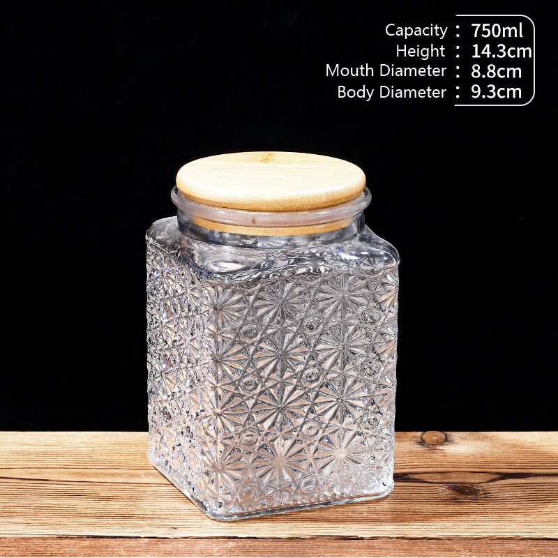 RX031 Embossed Decorative Glass Storage Jar with Wood and Bamboo Lids